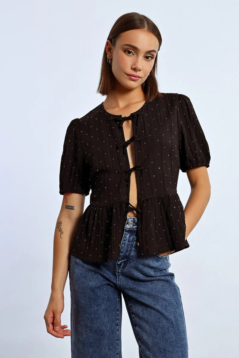 RHINESTONE TIE BLOUSE