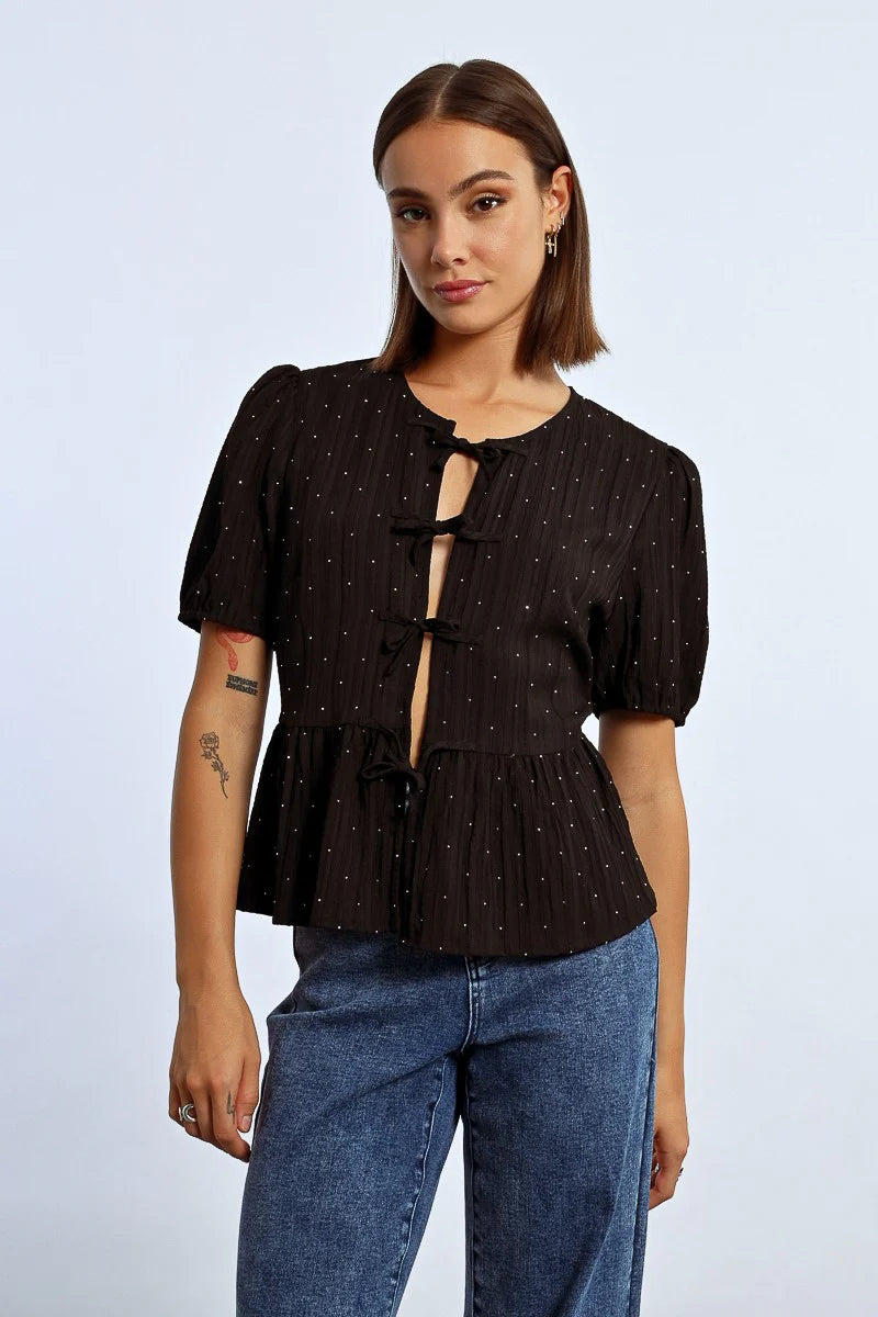 RHINESTONE TIE BLOUSE