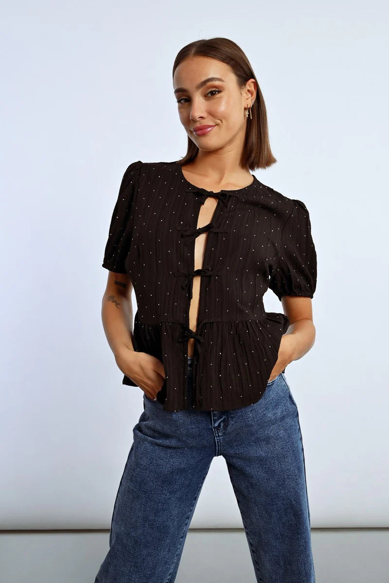 RHINESTONE TIE BLOUSE