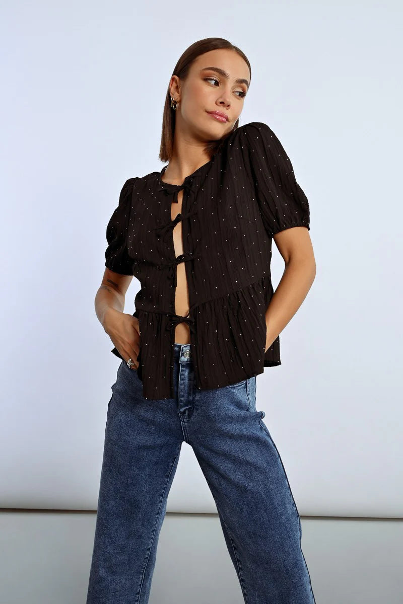 RHINESTONE TIE BLOUSE