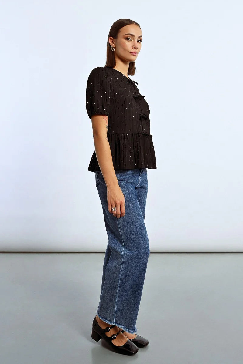 RHINESTONE TIE BLOUSE