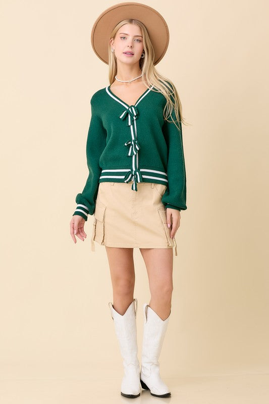 AMY BOW CARDIGAN - HUNTER GREEN