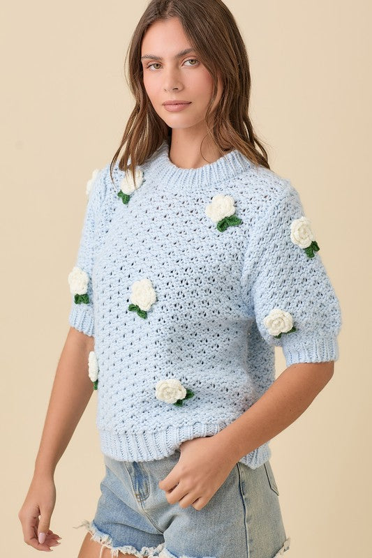 CLARE CROCHET KNIT TOP - LIGHT BLUE