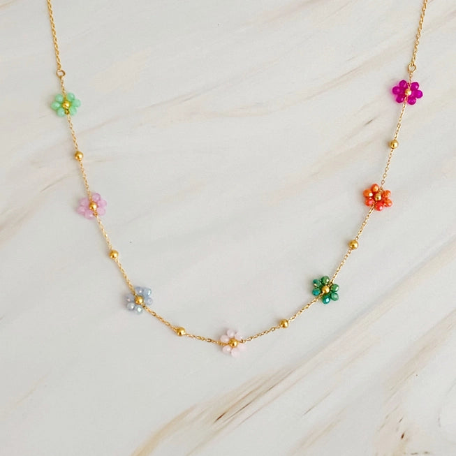 FLOWER FIELD BEADED NECKLACE (VARIOUS COLOURS)
