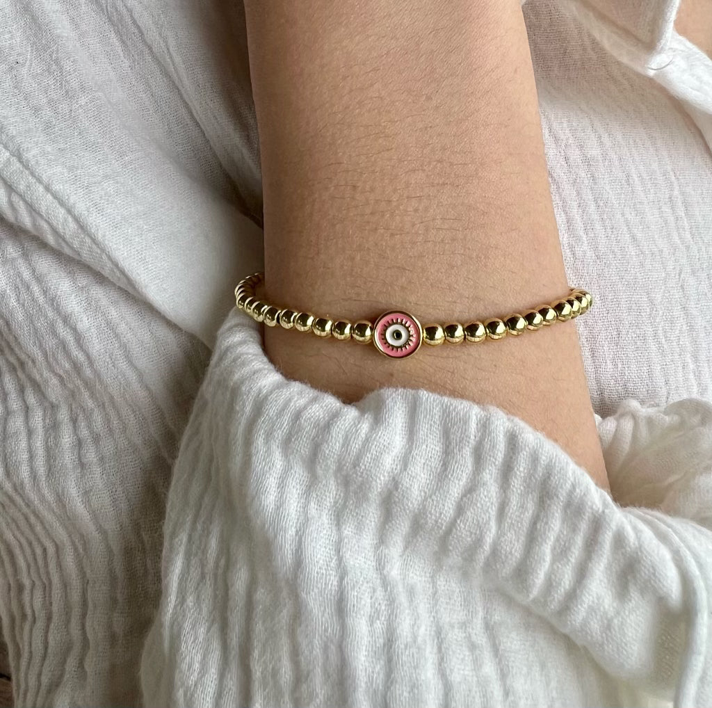 PINK EVIL EYE BRACELET - GOLD BEADS