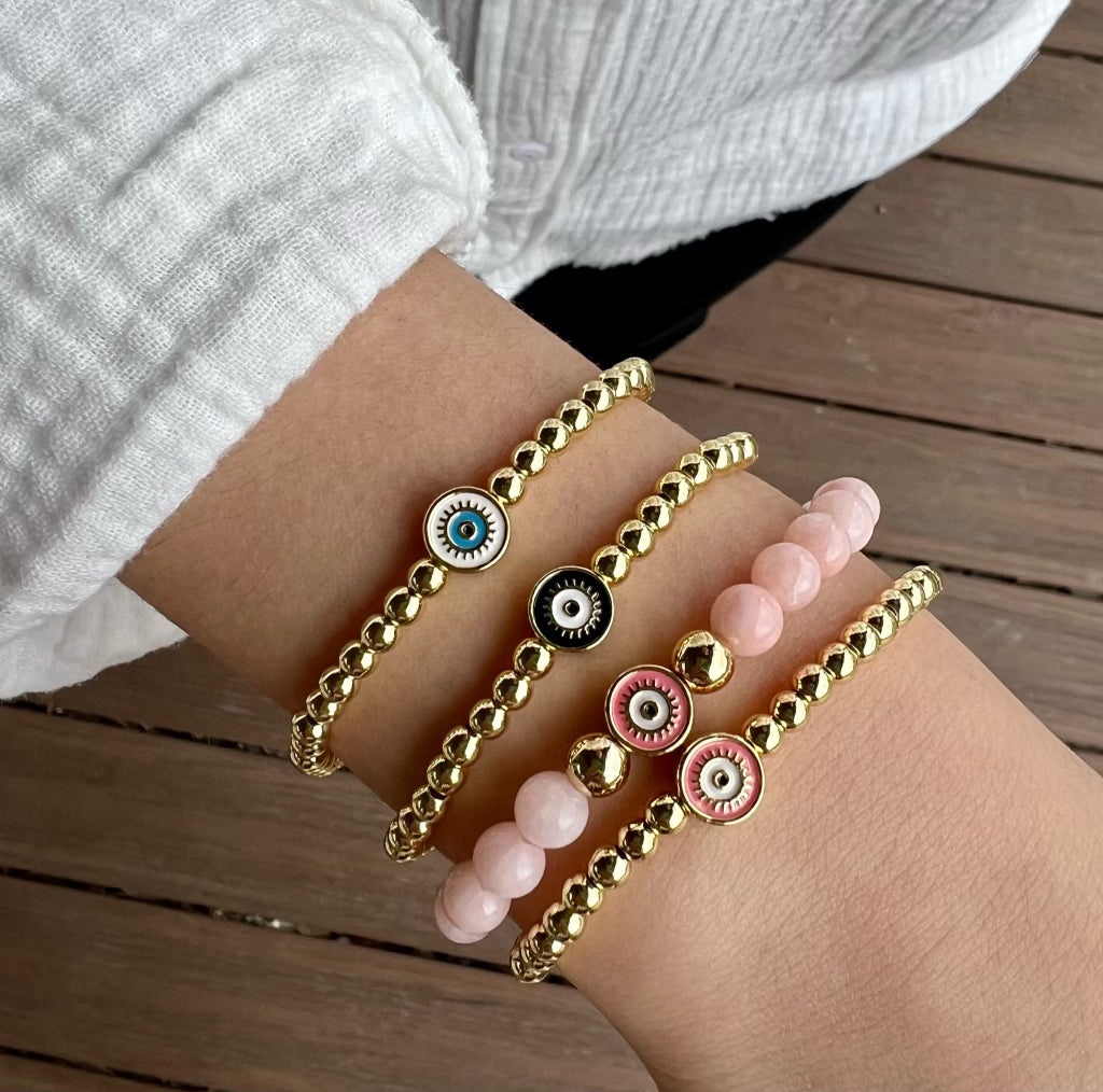 BLACK EVIL EYE BRACELET - GOLD BEADS