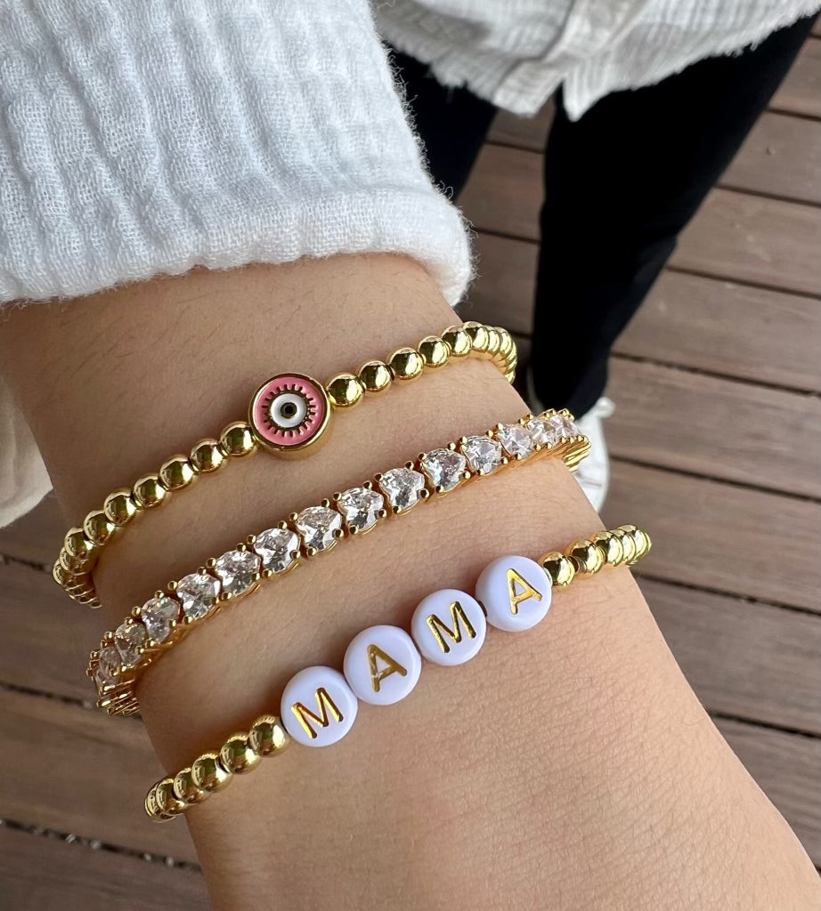 PINK EVIL EYE BRACELET - GOLD BEADS