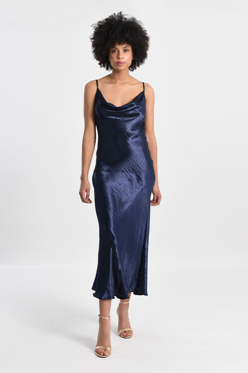 SATIN DRESS WITH COWL NECK - MARINE BLUE SATIN DRESS WITH COWL NECK - MARINE BLUE