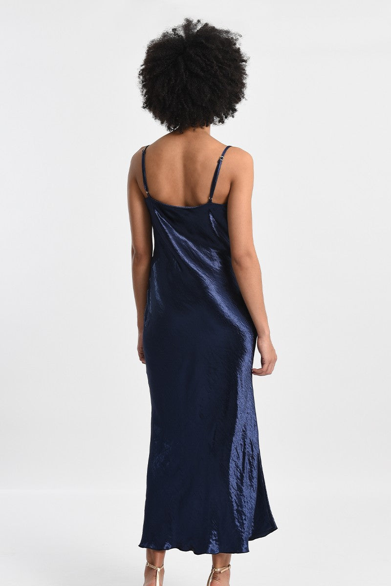 SATIN DRESS WITH COWL NECK - MARINE BLUE