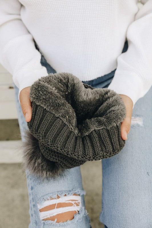 SHERPA LINED POM POM BEANIE GREY White Cherry Boutique