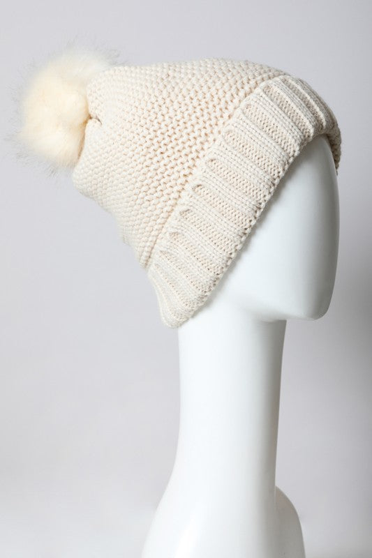 SHERPA LINED POM POM BEANIE IVORY White Cherry Boutique
