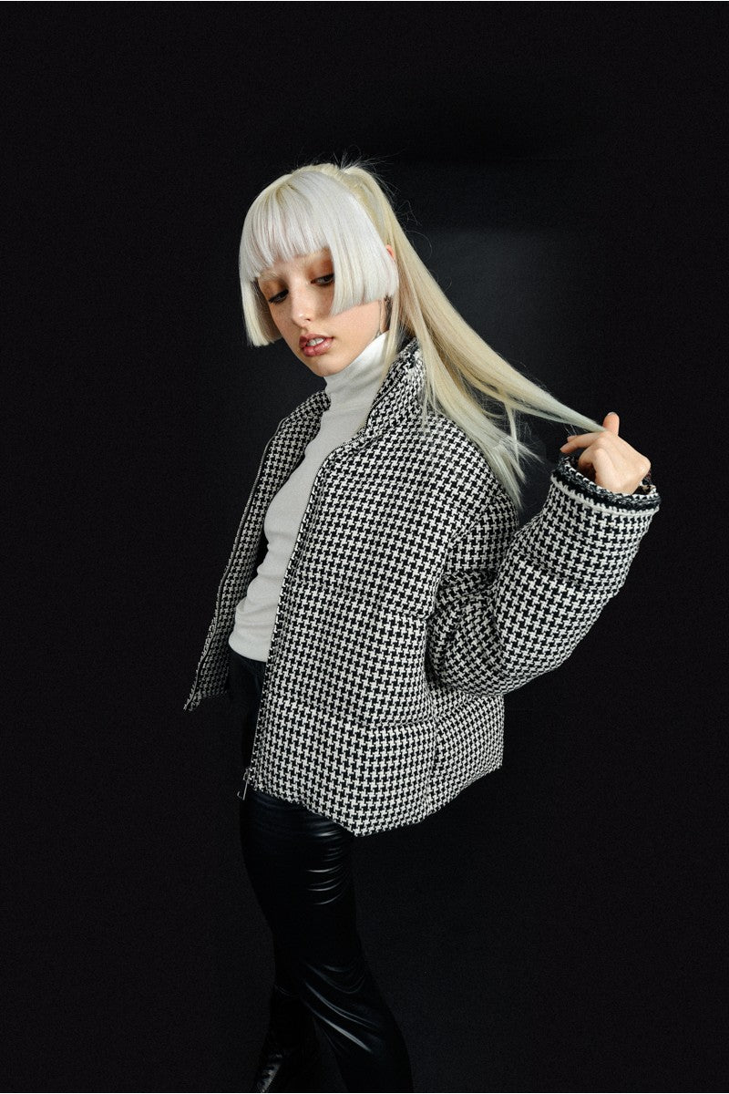 HOUNDSTOOTH PRINT PUFFER COAT