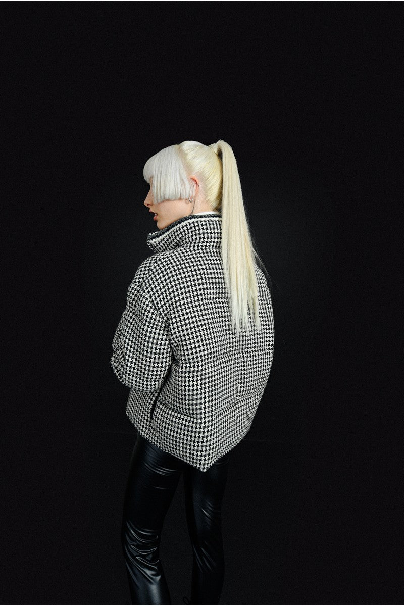 HOUNDSTOOTH PRINT PUFFER COAT