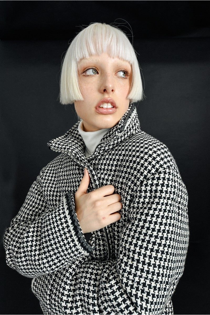 HOUNDSTOOTH PRINT PUFFER COAT