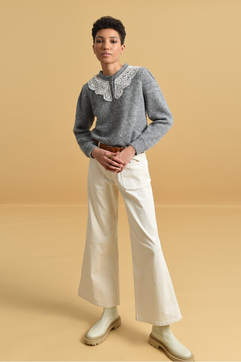 LACE YOKE RIBBED SWEATER