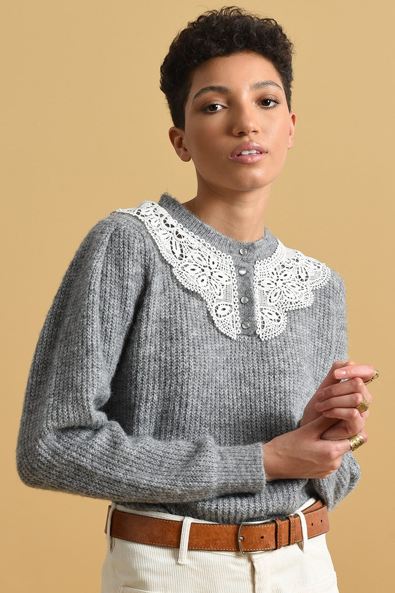 LACE YOKE RIBBED SWEATER