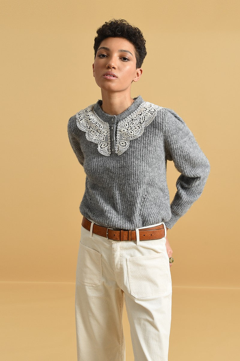 LACE YOKE RIBBED SWEATER