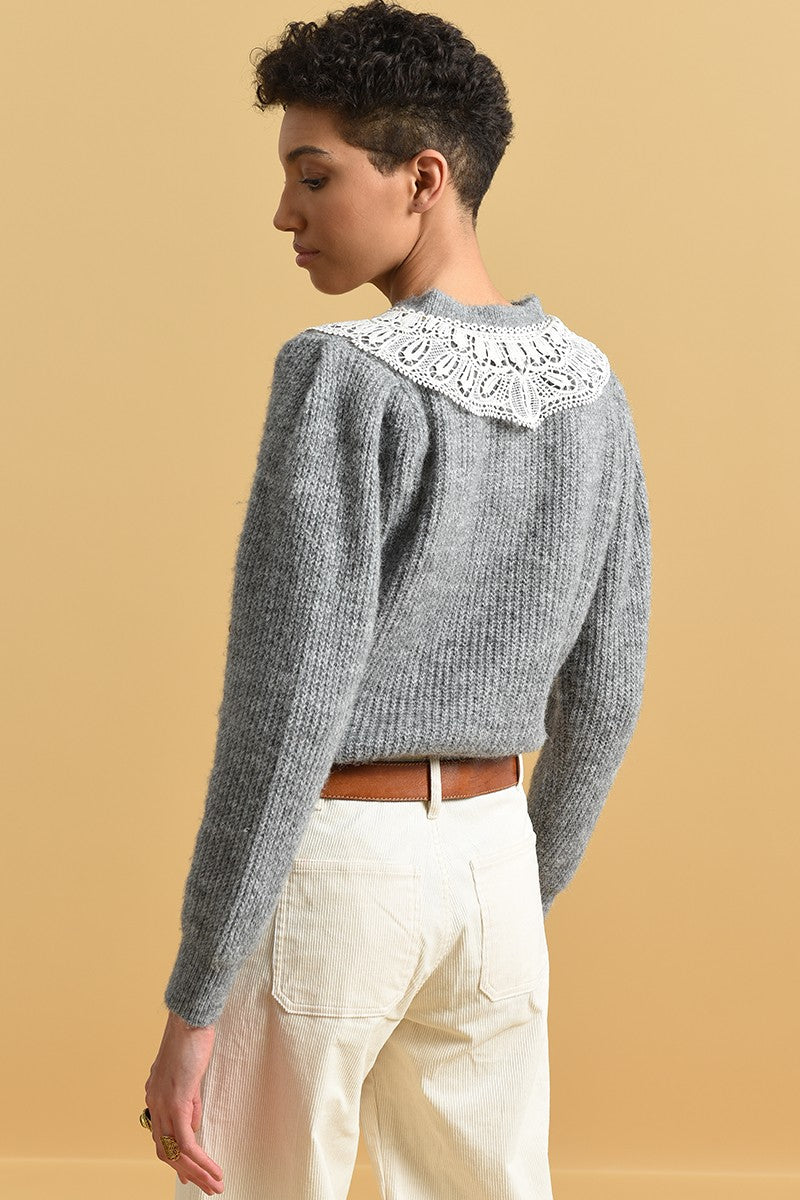 LACE YOKE RIBBED SWEATER