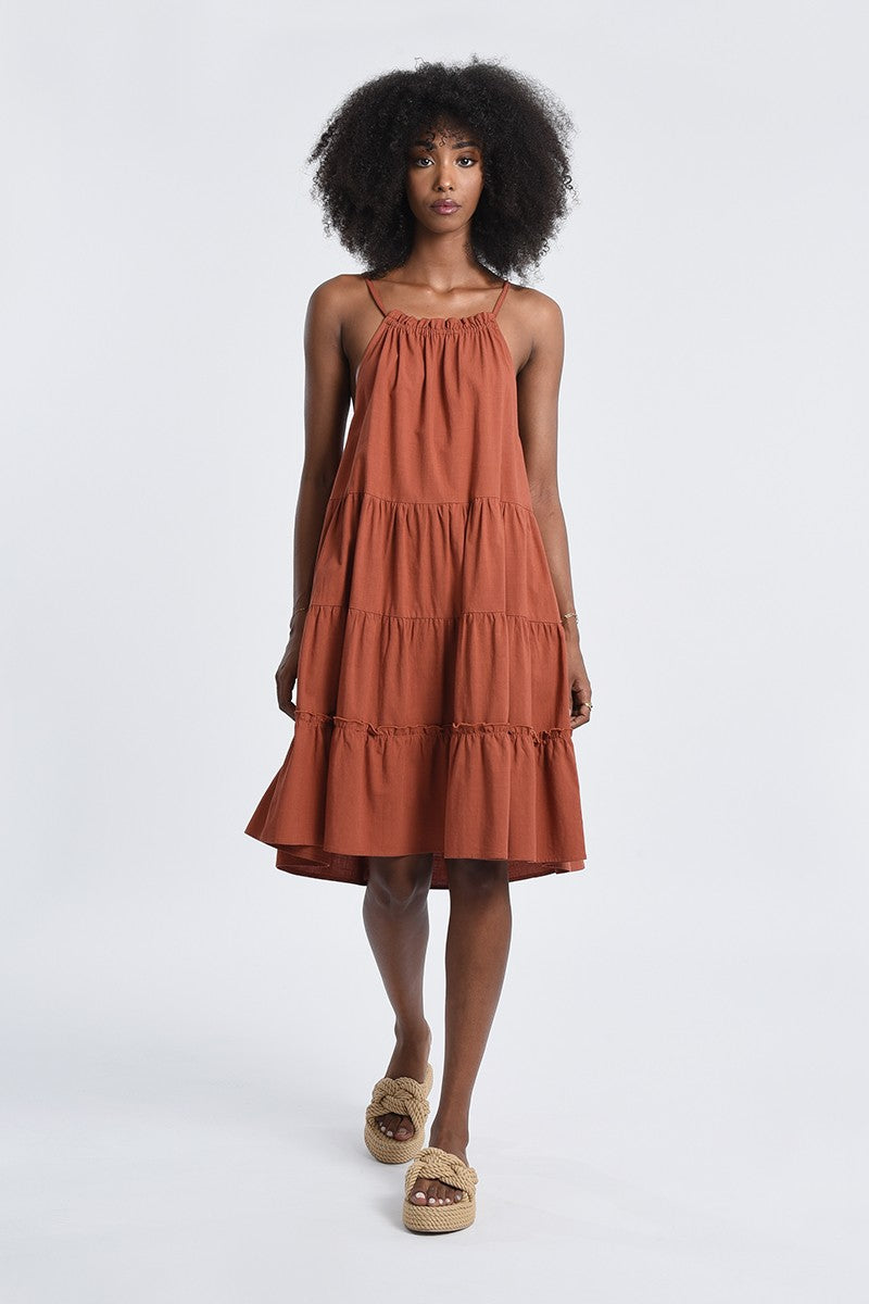 FLARE TIERED COTTON DRESS - CARAMEL