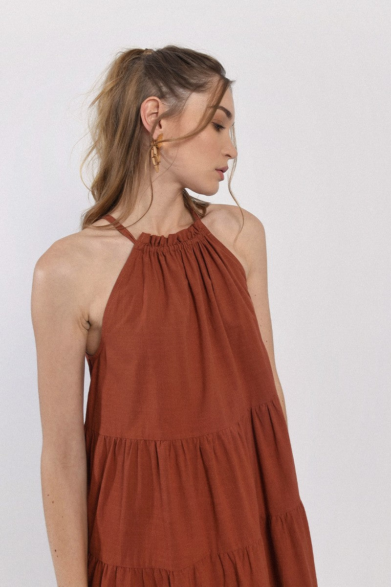 FLARE TIERED COTTON DRESS - CARAMEL