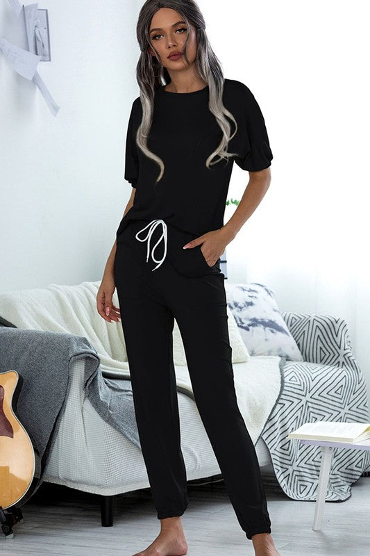 SHORT SLEEVE LOUNGE SET - BLACK