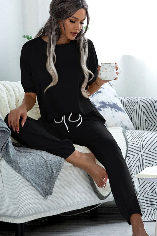 SHORT SLEEVE LOUNGE SET - BLACK