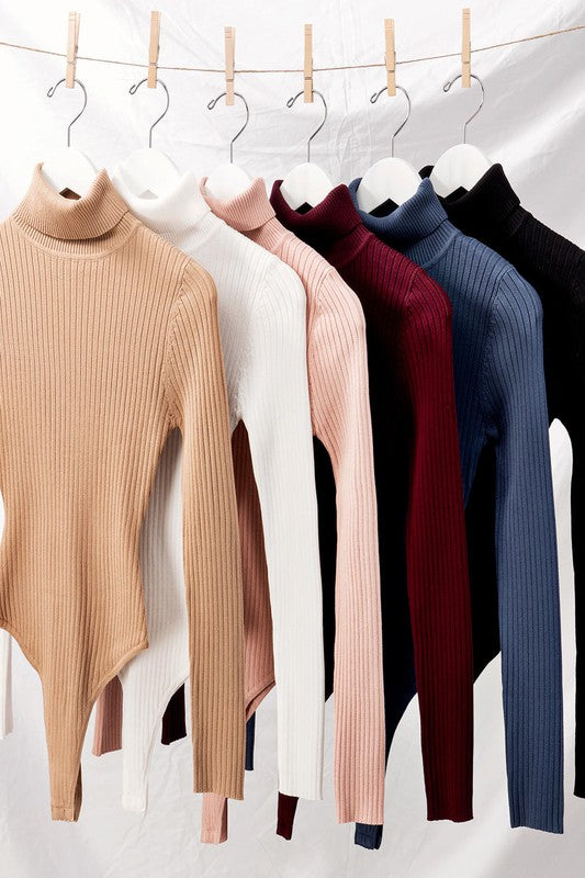 RIB KNIT TURTLE NECK BODYSUIT - BLACK