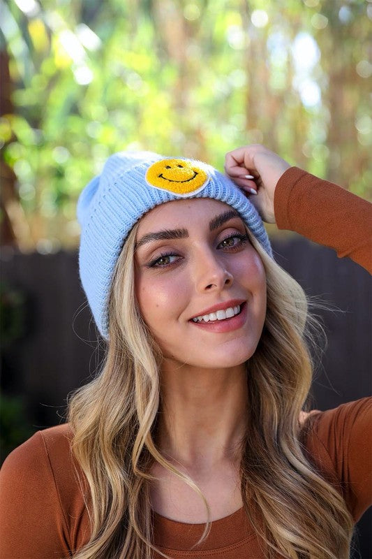 SMILEY FACE RIBBED BEANIE (VARIOUS COLOURS)
