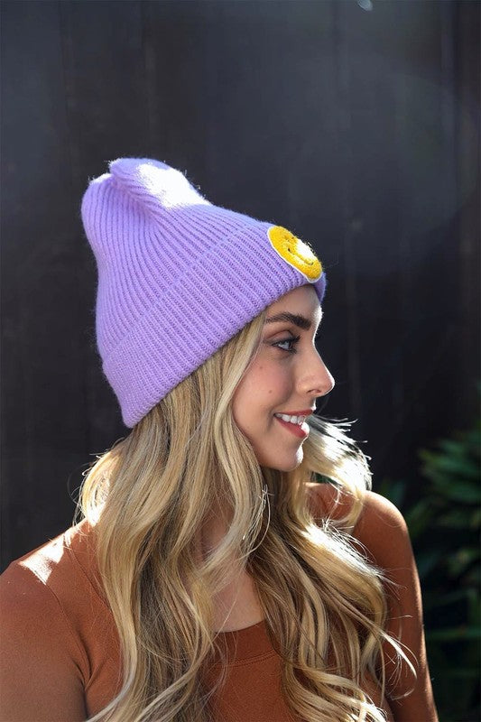 SMILEY FACE RIBBED BEANIE (VARIOUS COLOURS)