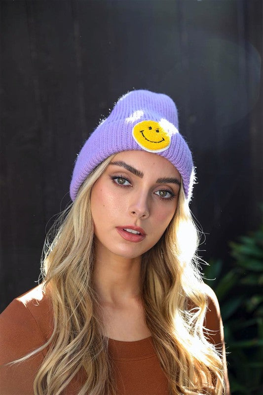 SMILEY FACE RIBBED BEANIE (VARIOUS COLOURS)