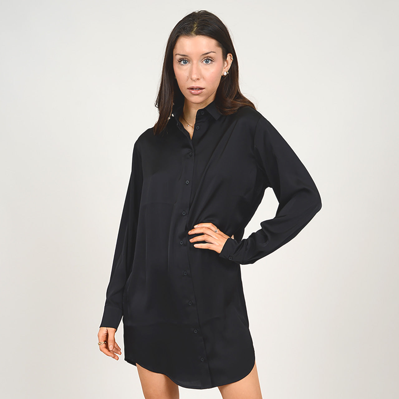 PENELOPE SATIN SHIRT DRESS - BLACK