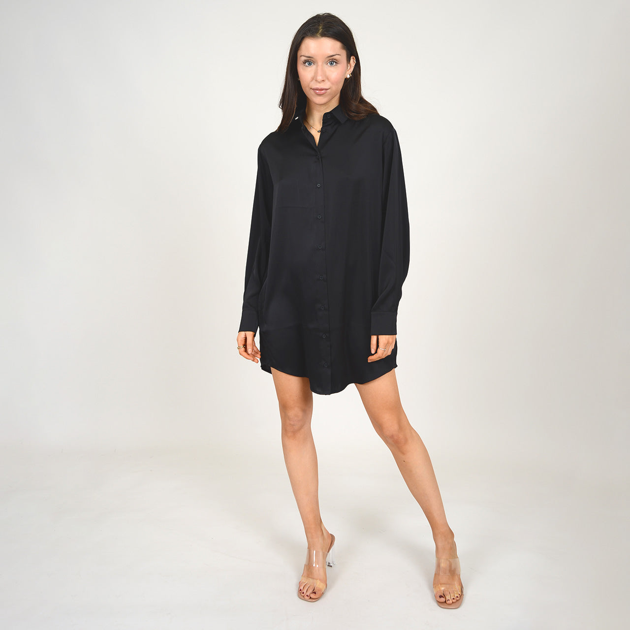PENELOPE SATIN SHIRT DRESS - BLACK