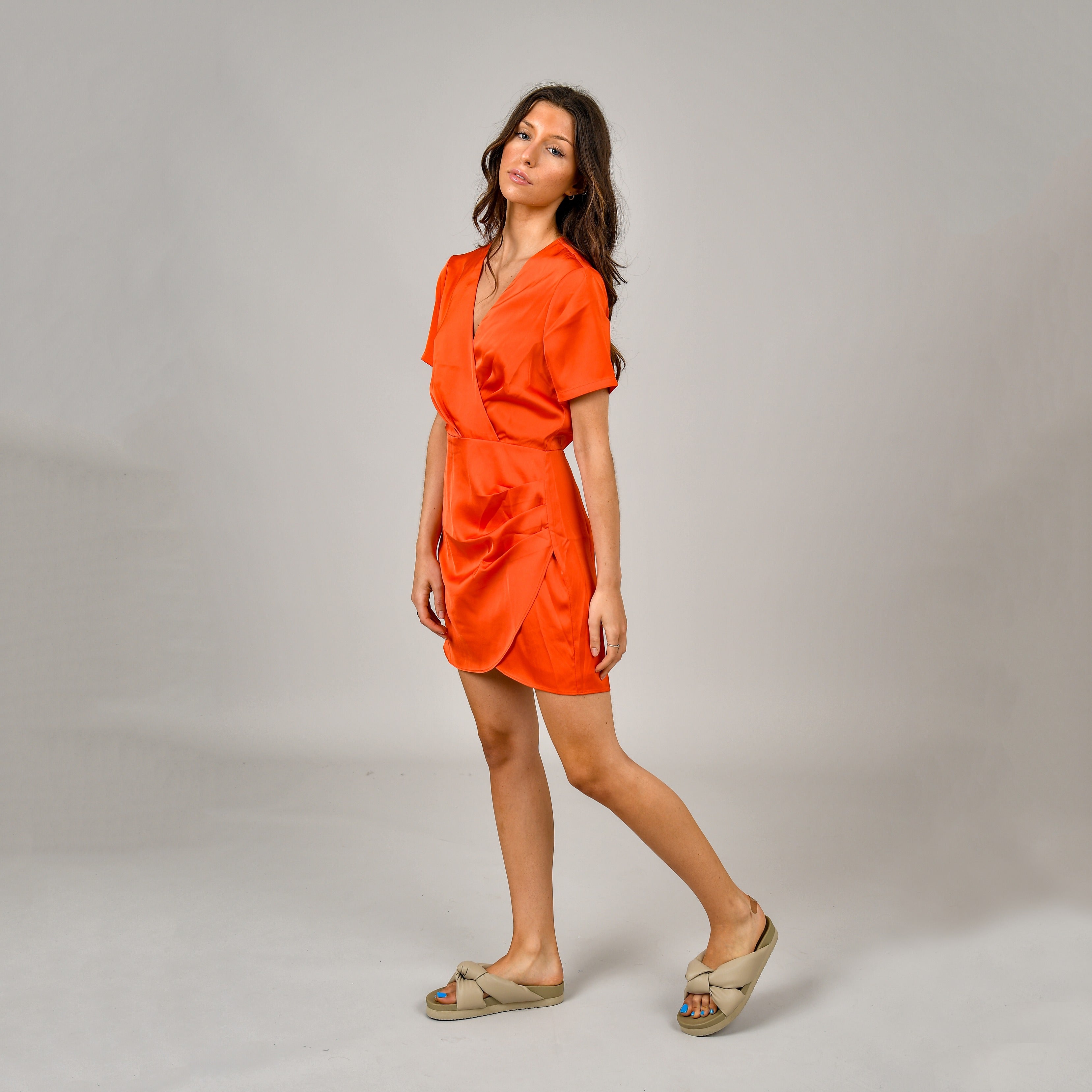 WINRY FAUX WRAP SATIN DRESS - POPPY