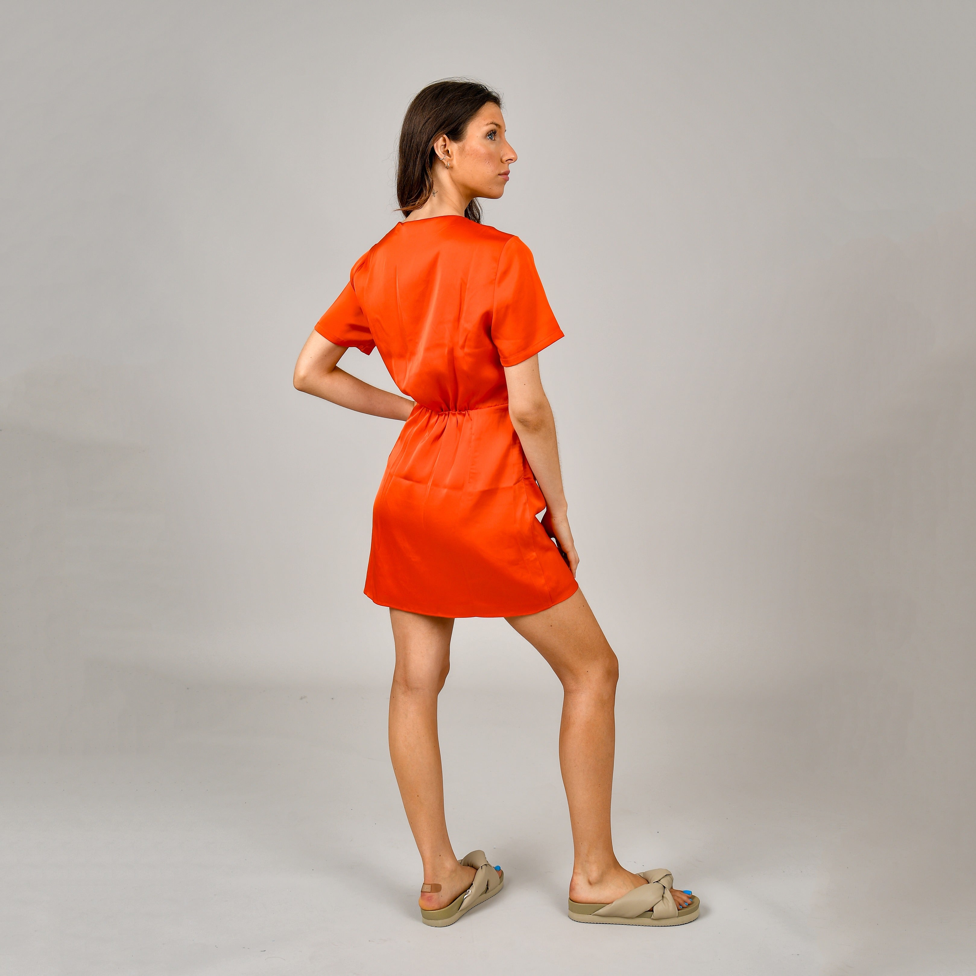 WINRY FAUX WRAP SATIN DRESS - POPPY
