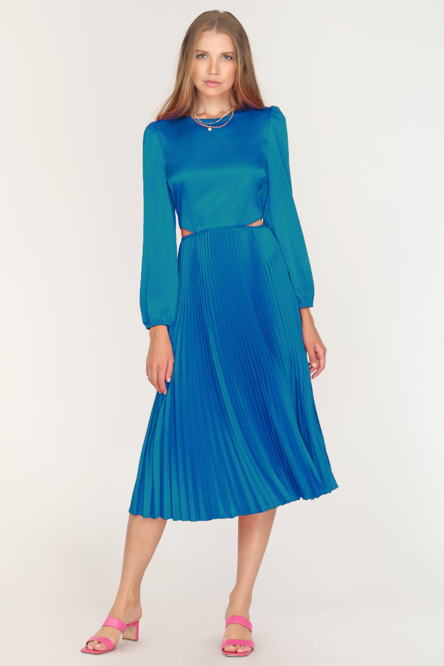 CHER PLEATED CUT OUT DRESS - BLUE White Cherry Boutique CHER PLEATED CUT OUT DRESS - BLUE White Cherry Boutique