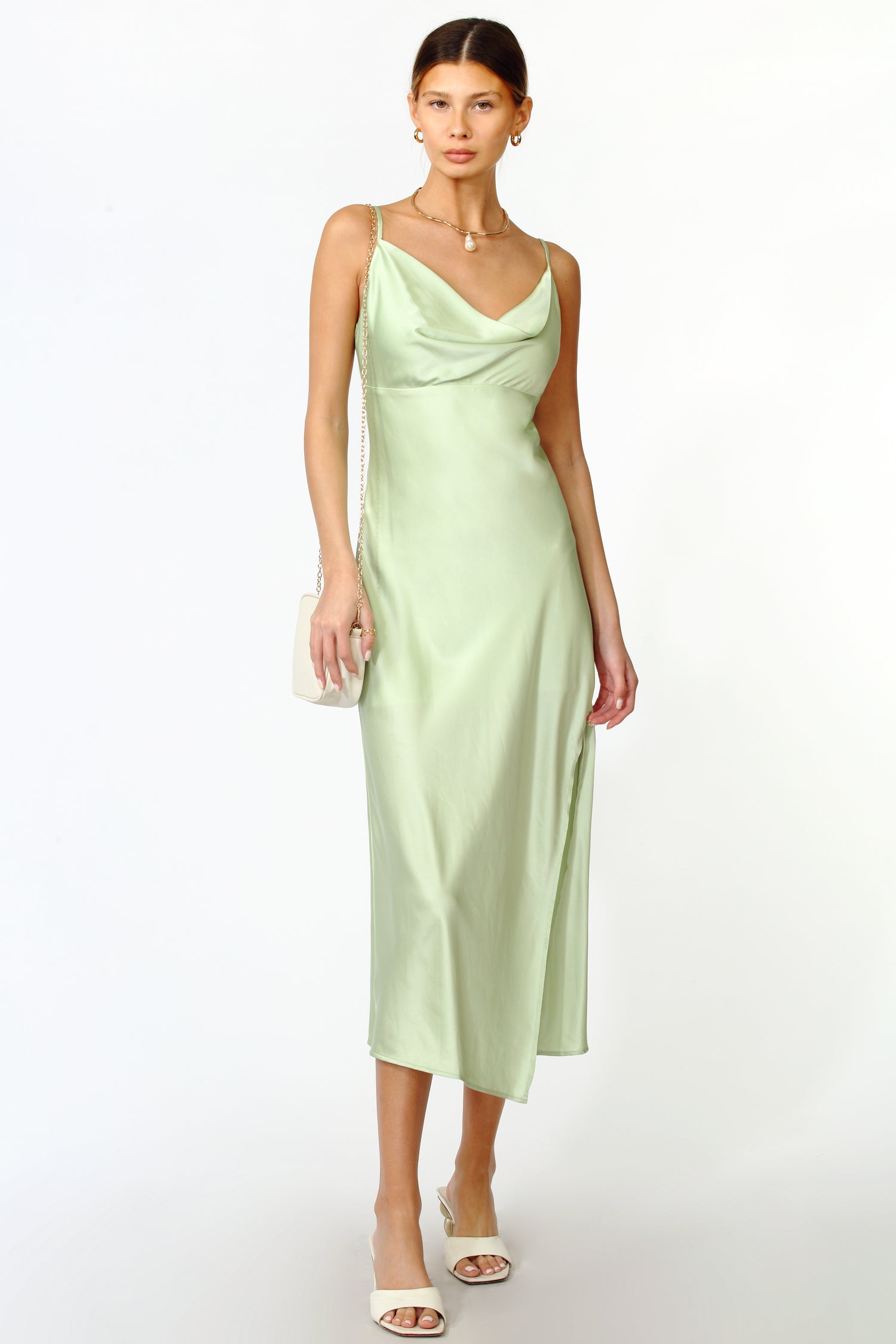 FAITH FRONT SLIT SLIP DRESS - PISTACHIO