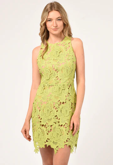 CASSIE CROCHET MINI DRESS - LIME GREEN