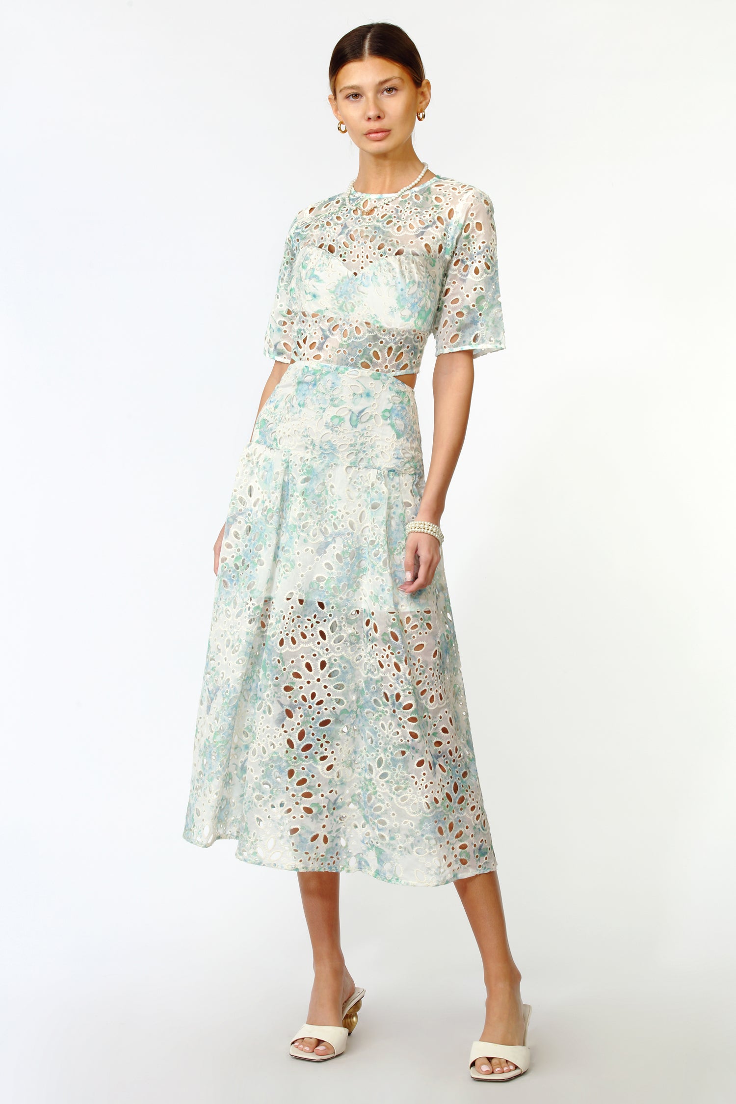 ANNALISE EYELET EMBROIDERED CUT OUT MIDI DRESS - AQUA