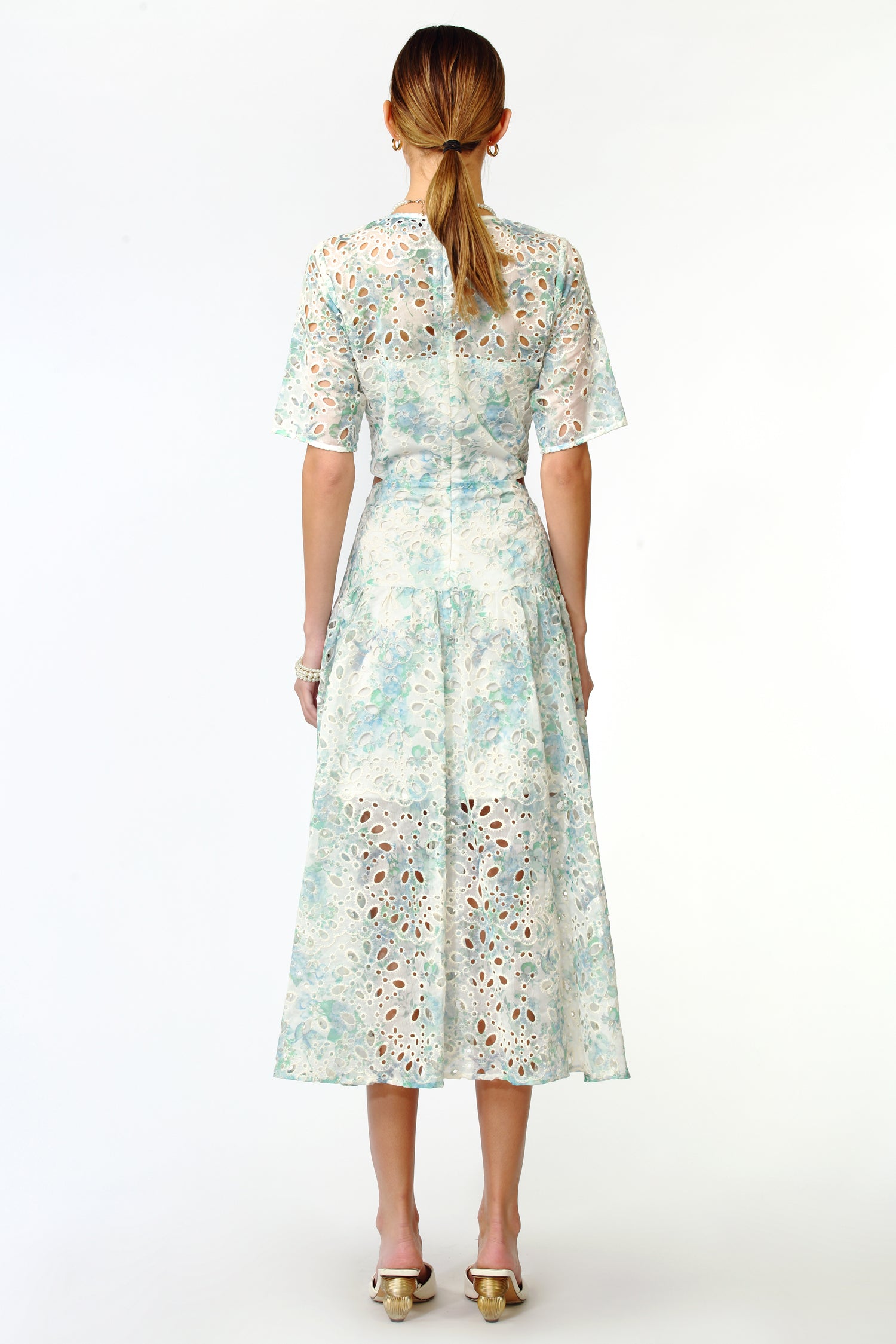 ANNALISE EYELET EMBROIDERED CUT OUT MIDI DRESS - AQUA