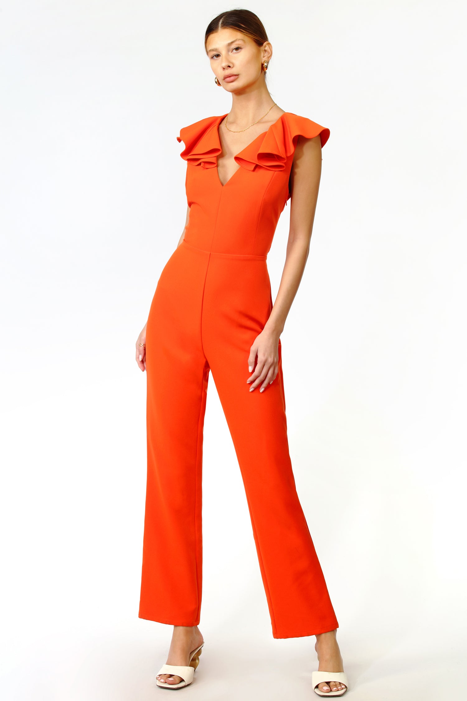 KASSI RUFFLED CREPE JUMPSUIT - BLOOD ORANGE