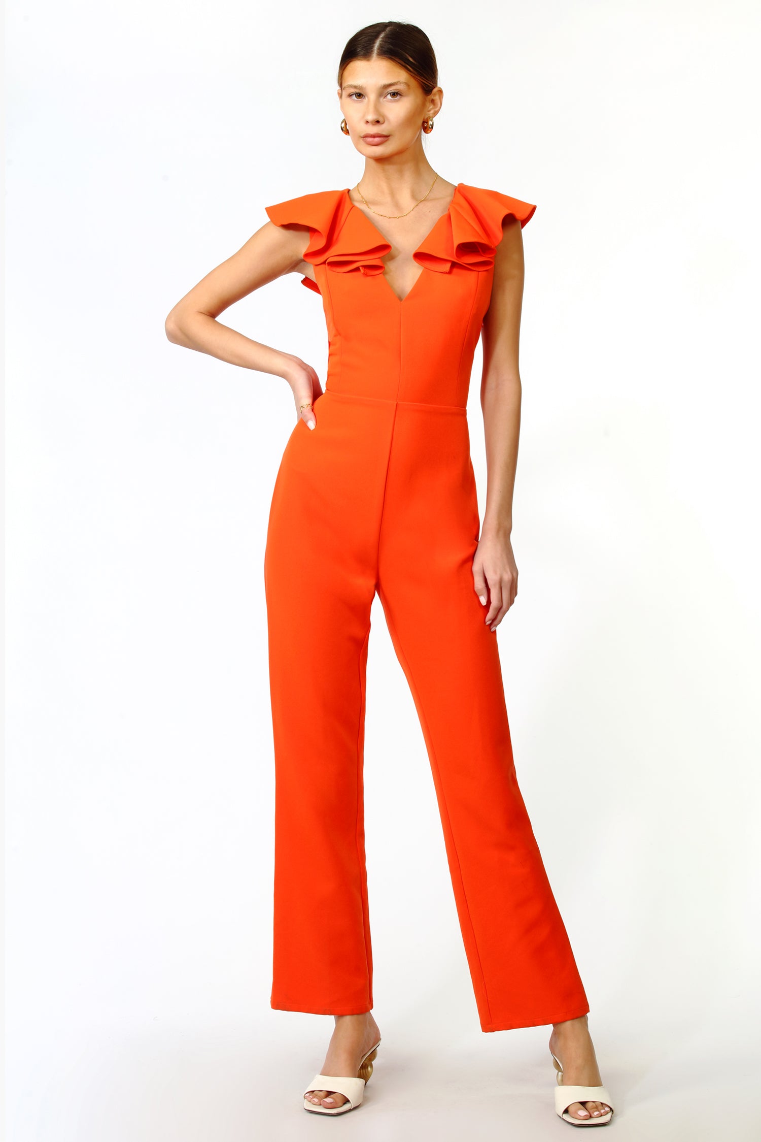 KASSI RUFFLED CREPE JUMPSUIT - BLOOD ORANGE