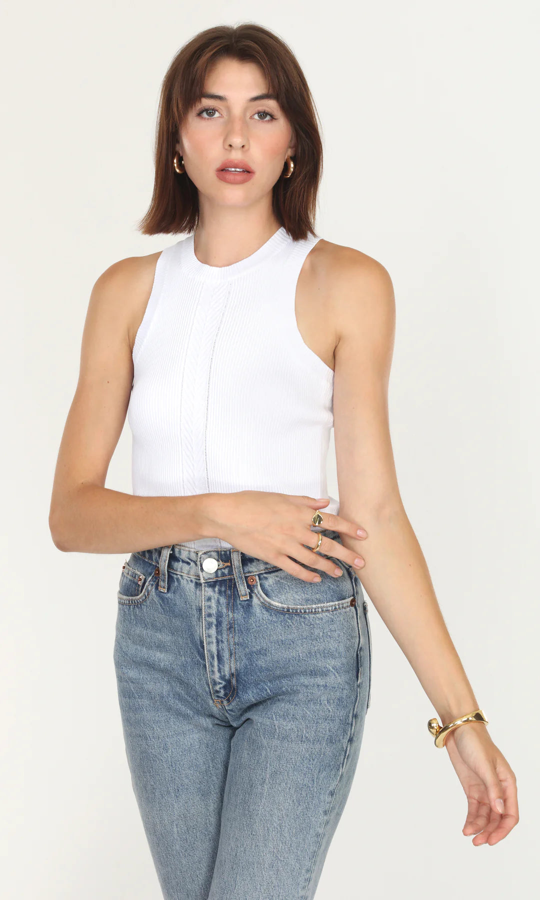 KELSEY RAZER BACK RIBBED KNIT TOP - WHITE