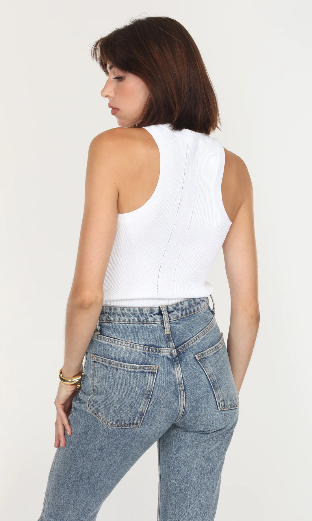 KELSEY RAZER BACK RIBBED KNIT TOP - WHITE