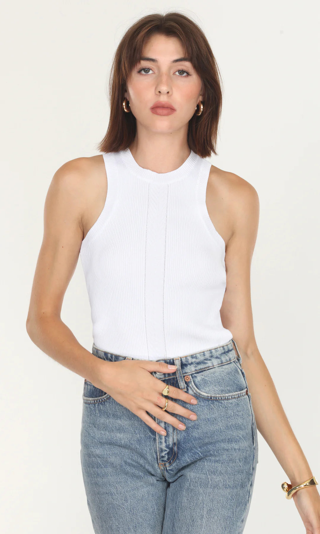 KELSEY RAZER BACK RIBBED KNIT TOP - WHITE