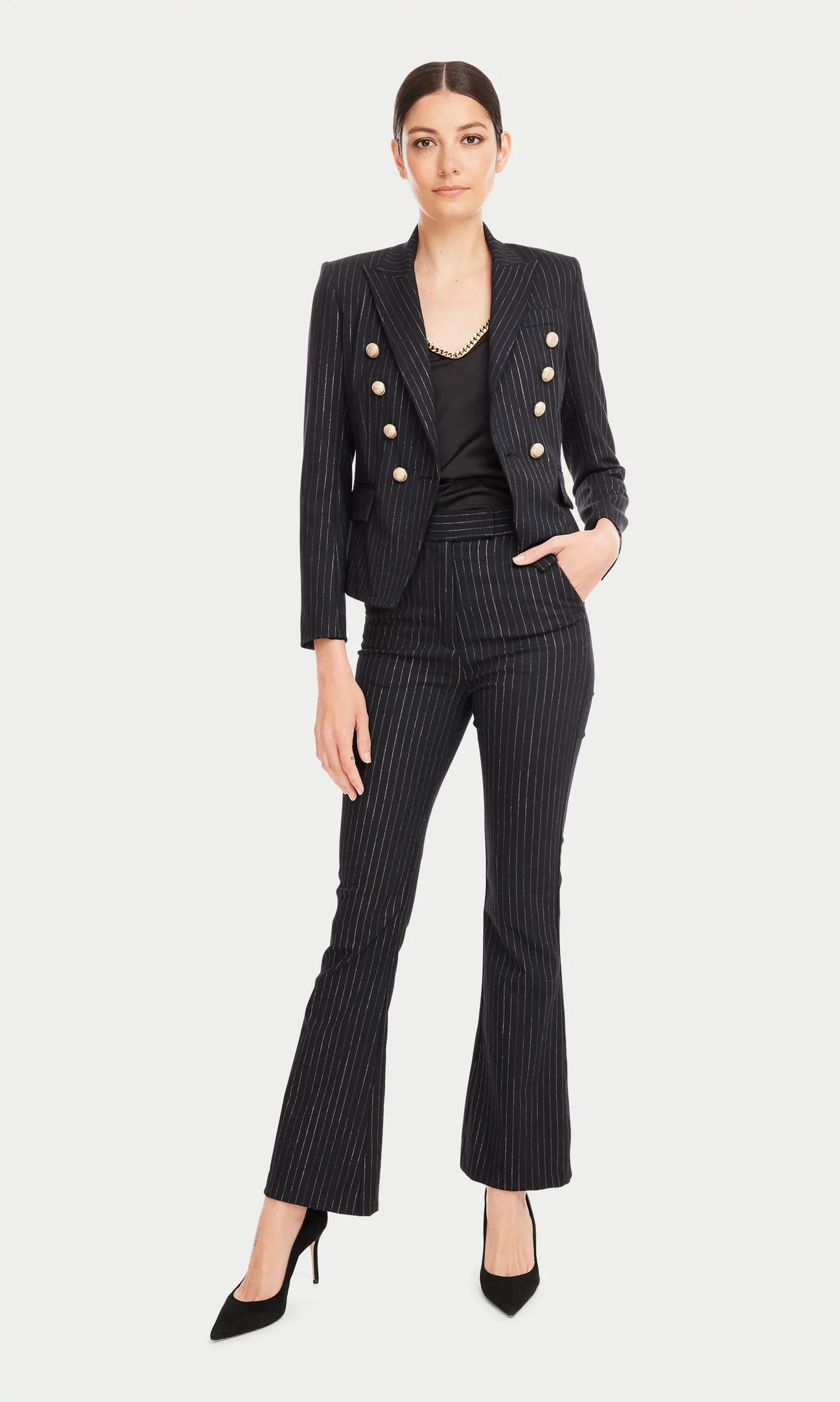DELILAH PINSTRIPE BLAZER - BLACK/LIGHT GOLD