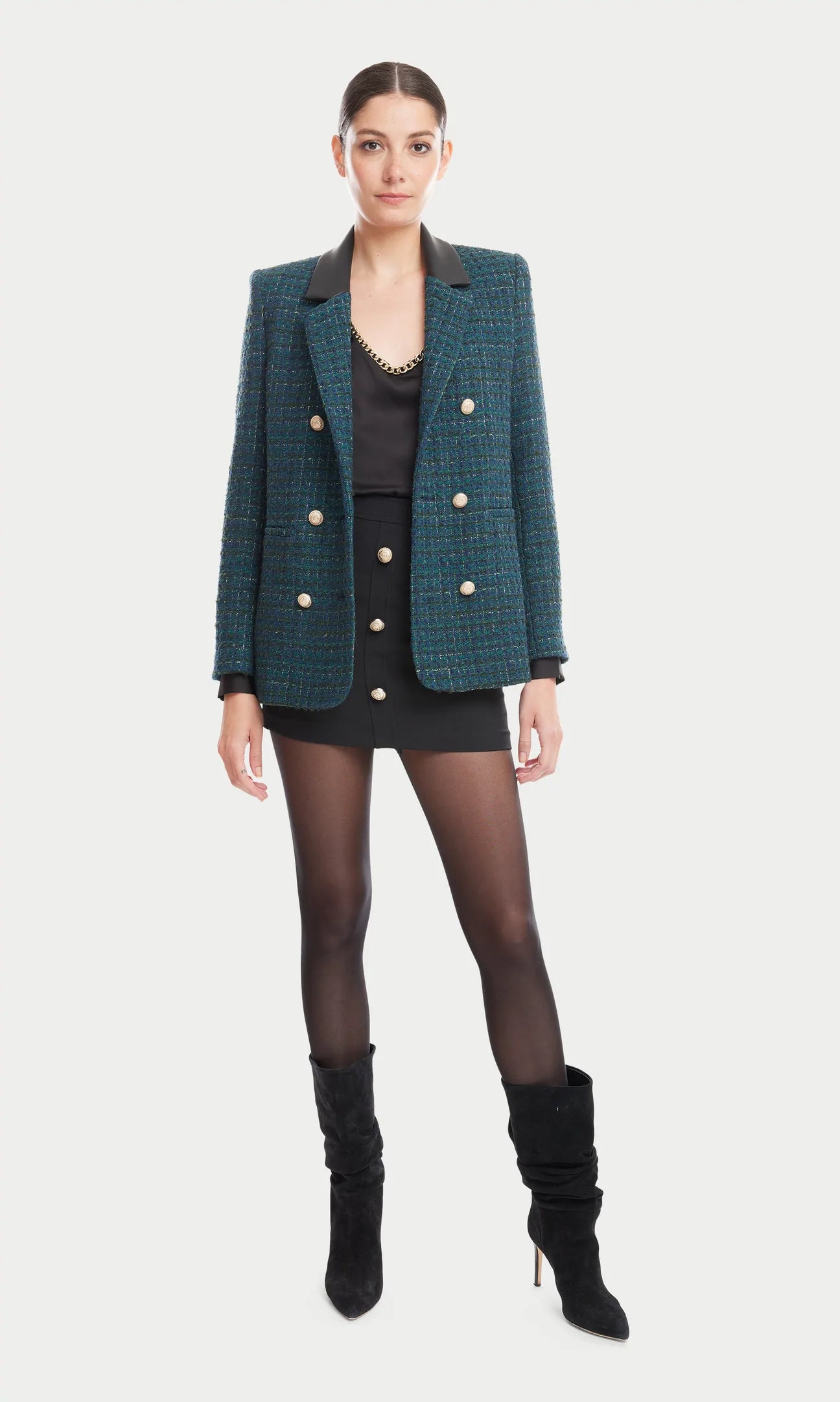 REECE VEGAN LEATHER COMBO TWEED BLAZER - HUNTER GREEN/BLACK
