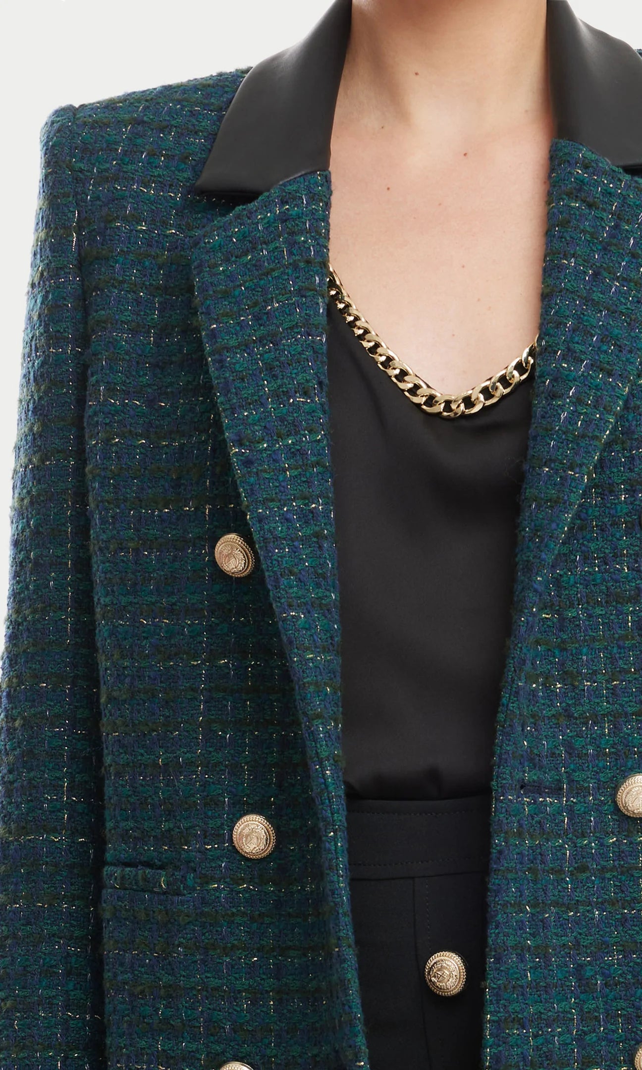 REECE VEGAN LEATHER COMBO TWEED BLAZER - HUNTER GREEN/BLACK