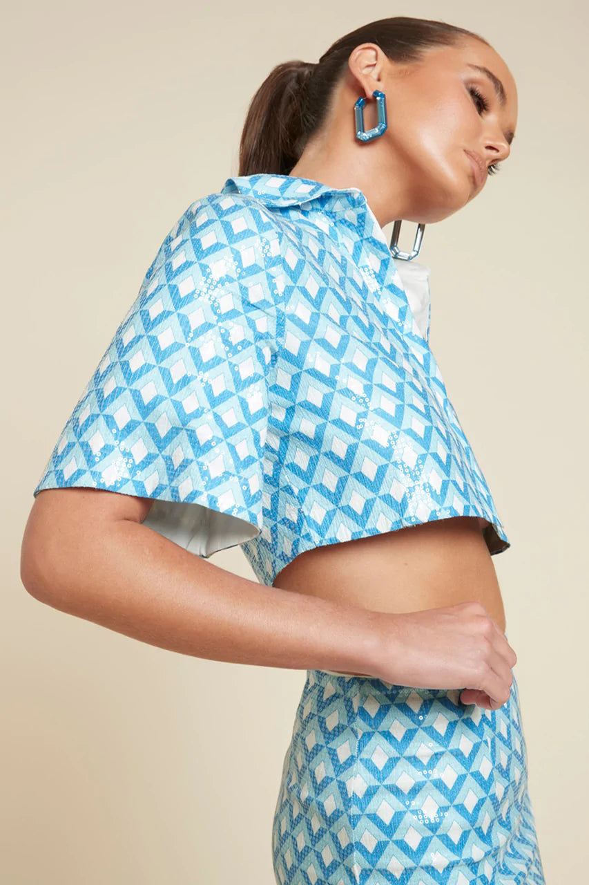TAHLIA CROP TOP - SKY GEO PRINT