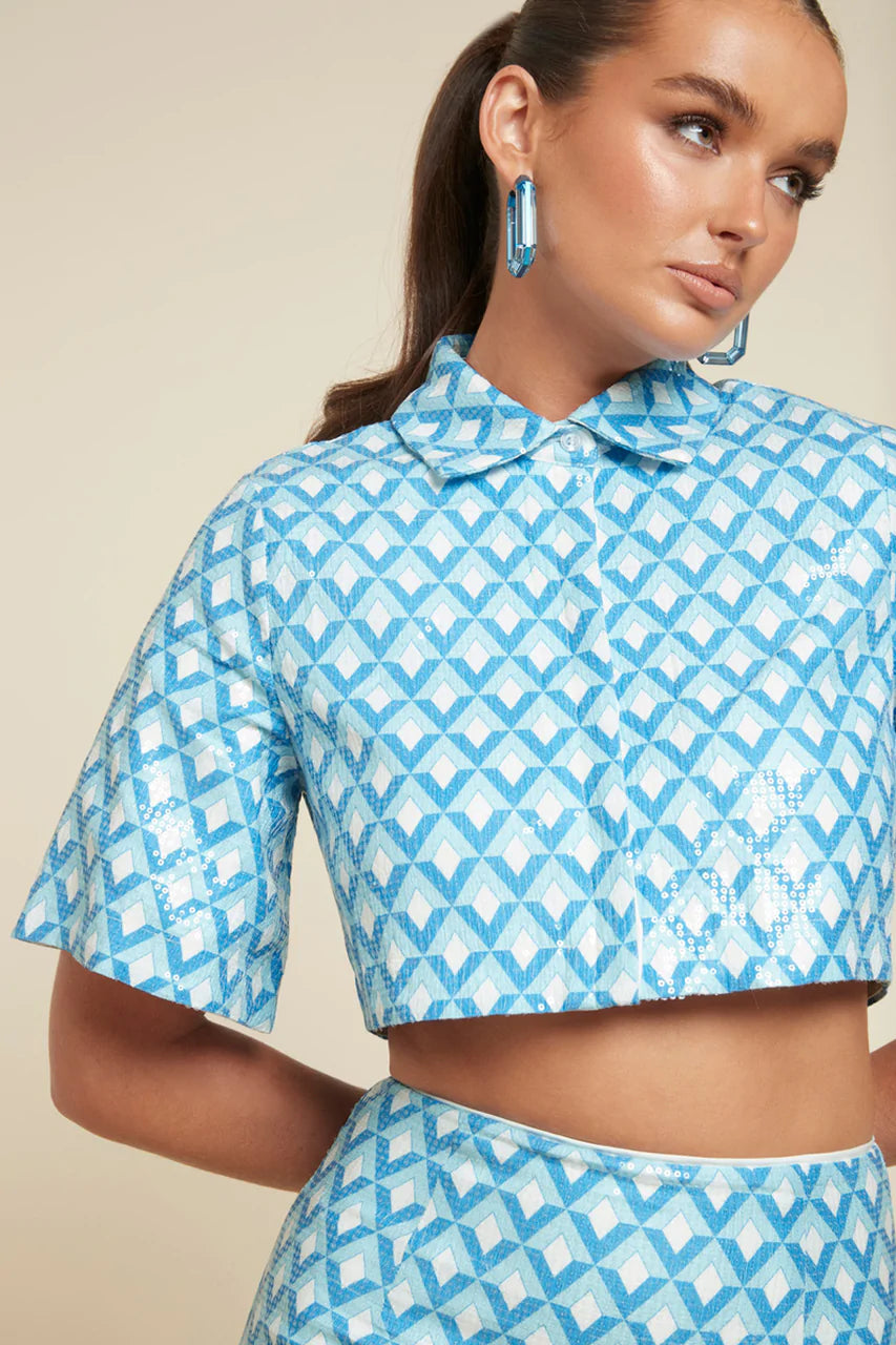TAHLIA CROP TOP - SKY GEO PRINT