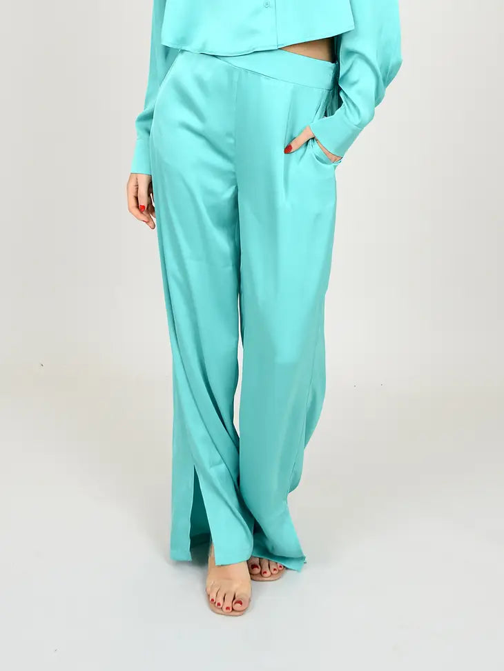 VICTORIA SATIN PANT - POOL GREEN
